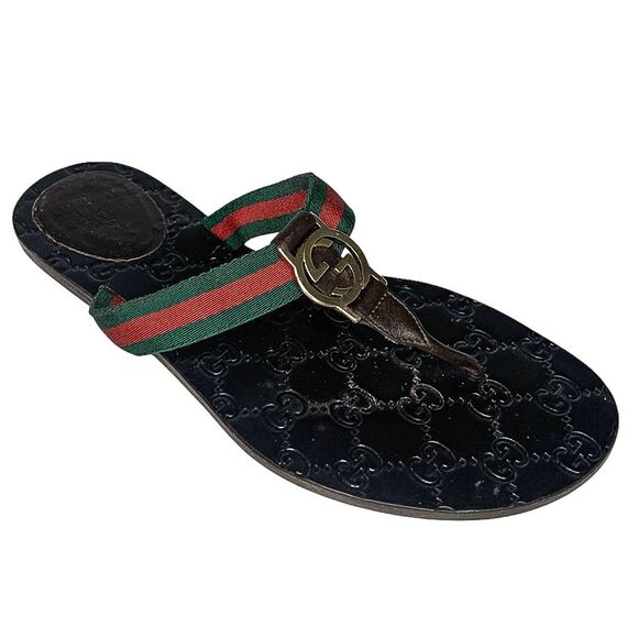 Gucci GG Web Stripe Thong Sandals EU 38.5 US 8.5 Brown Flip Flop Slide Flat Heel - Picture 1 of 13